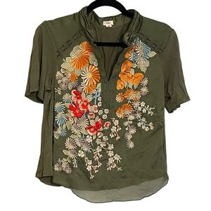 TINY Embroidered V Neck Short Sleeve Olive Green Tunic Top Women's XS